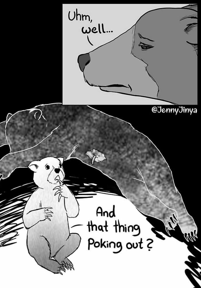 Emotional animal comic featuring two bears discussing a mysterious object. Emotional animal comic featuring two bears discussing a mysterious object.