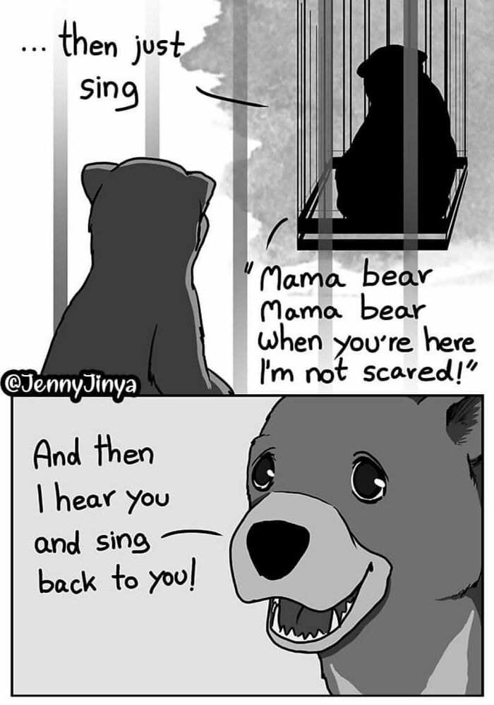 Emotional animal comic showing a bear singing to its cub in a cage, expressing love and comfort. Emotional animal comic showing a bear singing to its cub in a cage, expressing love and comfort.
