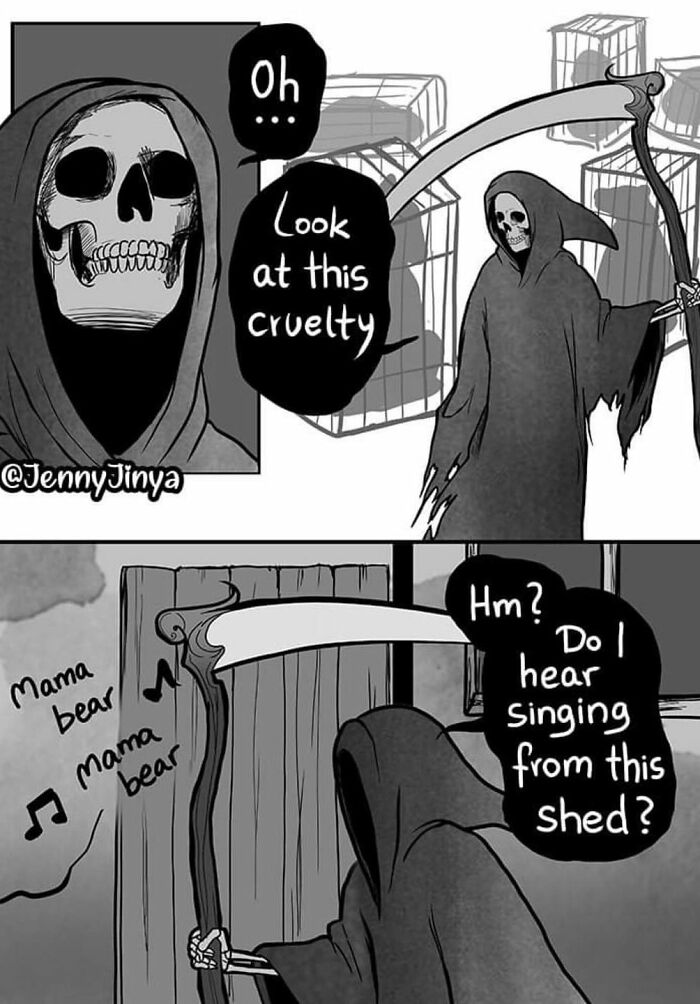 A hooded figure with a scythe looks at cages and hears singing in an emotional animal comic scene. A hooded figure with a scythe looks at cages and hears singing in an emotional animal comic scene.