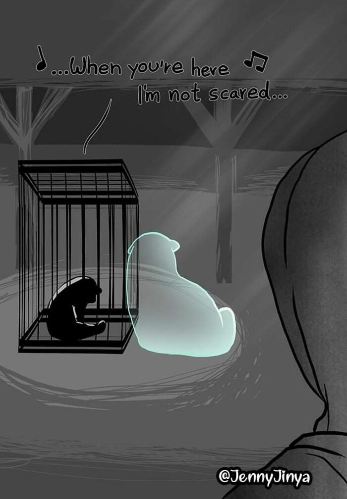 Emotional animal comic showing a caged dog with a comforting spirit beside it. Emotional animal comic showing a caged dog with a comforting spirit beside it.