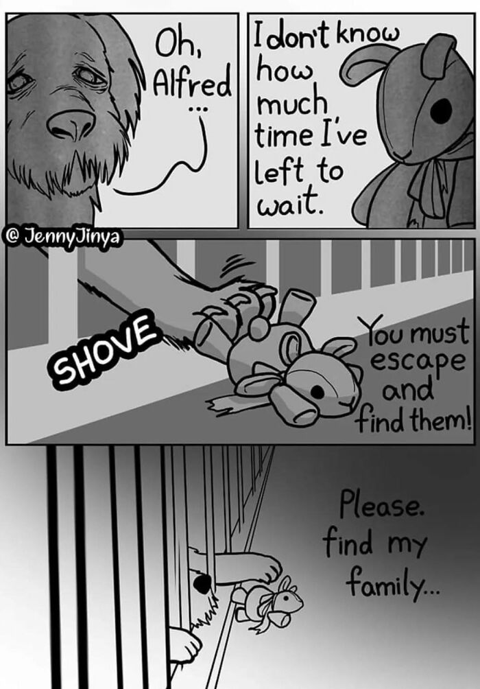 Emotional animal comic about a dog instructing a toy to escape and find its family. Emotional animal comic about a dog instructing a toy to escape and find its family.