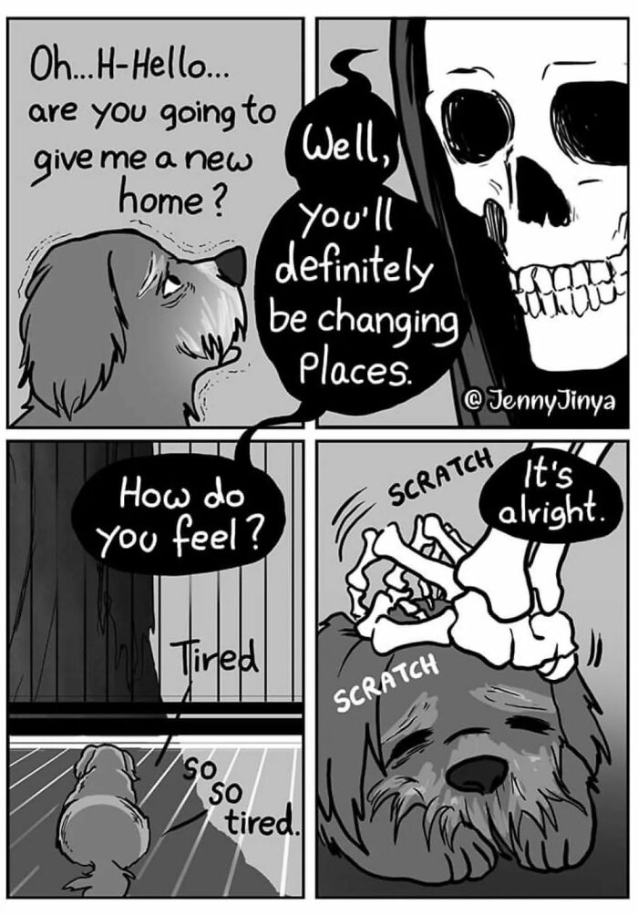 Emotional animal comic featuring a dog and a skeletal figure in a heartfelt interaction. Emotional animal comic featuring a dog and a skeletal figure in a heartfelt interaction.
