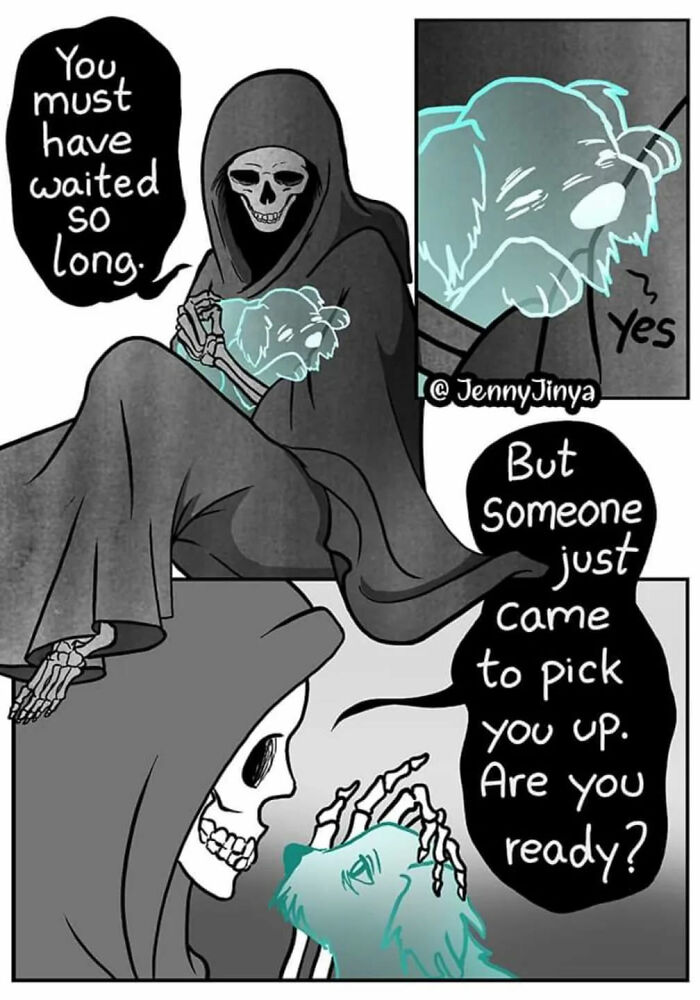 Emotional animal comic with a comforting skeleton and ethereal dog, conveying a touching scene. Emotional animal comic with a comforting skeleton and ethereal dog, conveying a touching scene.