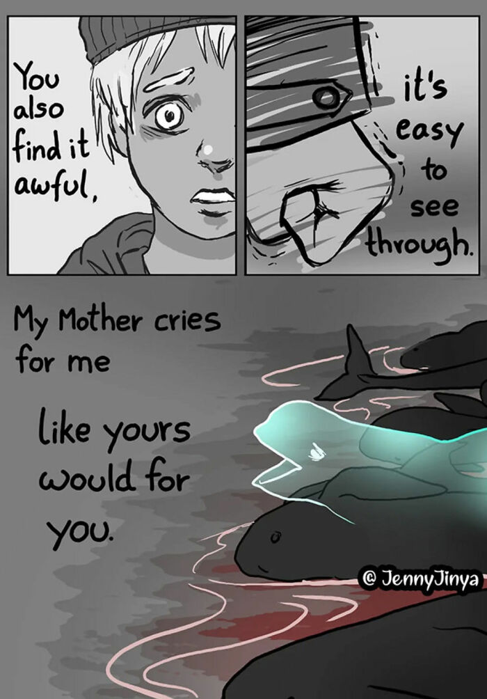Emotional animal comic featuring a sad person and dolphins, highlighting empathy and understanding through visual storytelling. Emotional animal comic featuring a sad person and dolphins, highlighting empathy and understanding through visual storytelling.