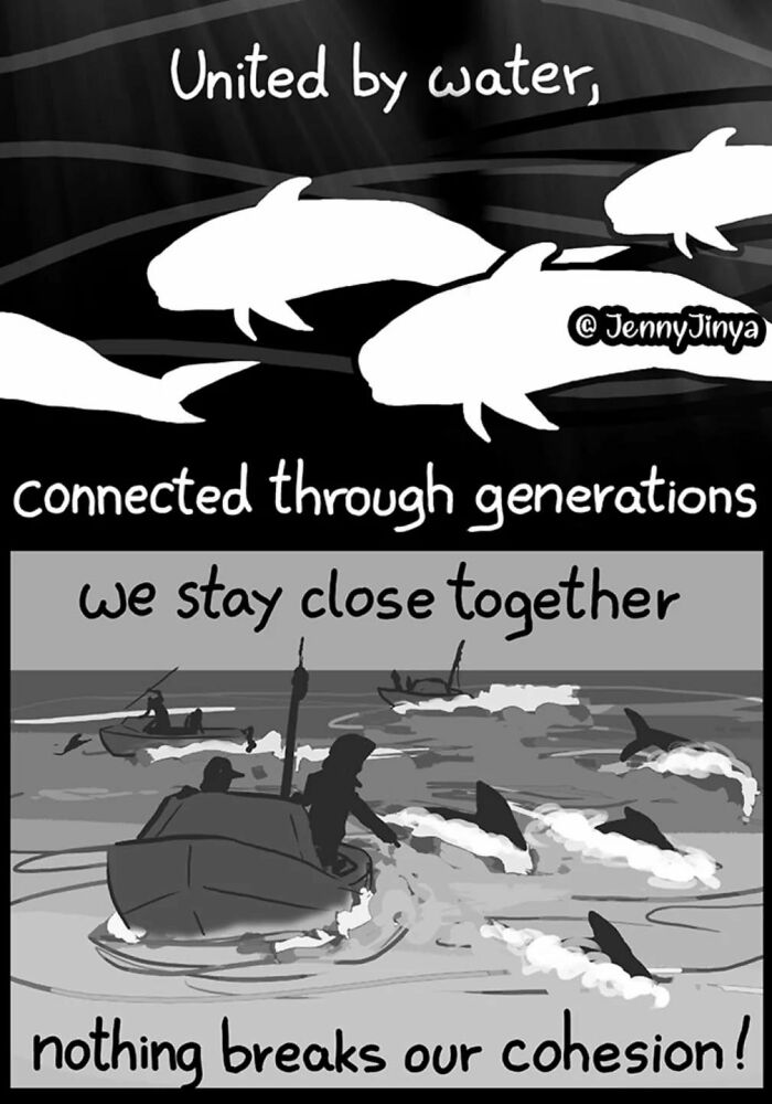 Emotional animal comic featuring fish in water illustrating unity and connection through generations. Emotional animal comic featuring fish in water illustrating unity and connection through generations.