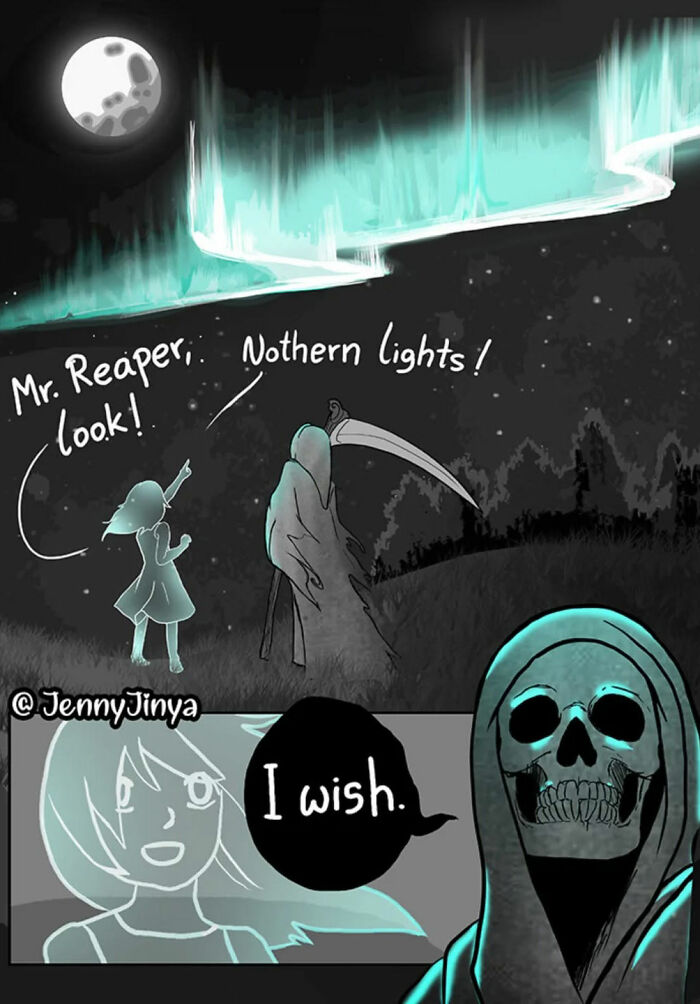 Emotional animal comic with a young girl and reaper watching northern lights, saying "I wish. Emotional animal comic with a young girl and reaper watching northern lights, saying "I wish.