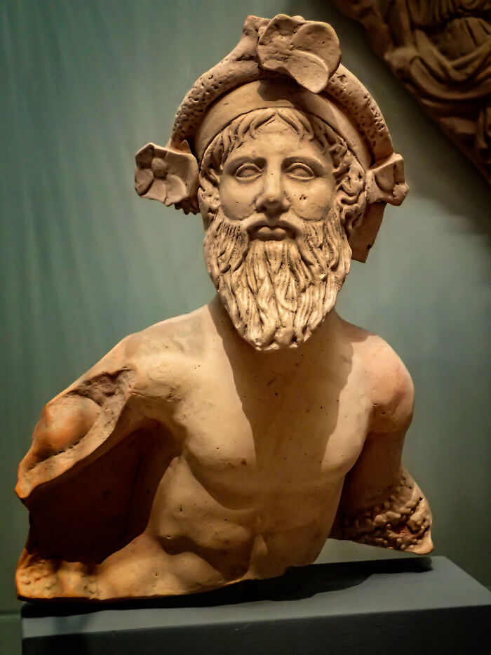 Bust of ancient warrior with helmet, a piece representing overlooked historical events, displayed in a museum setting.
