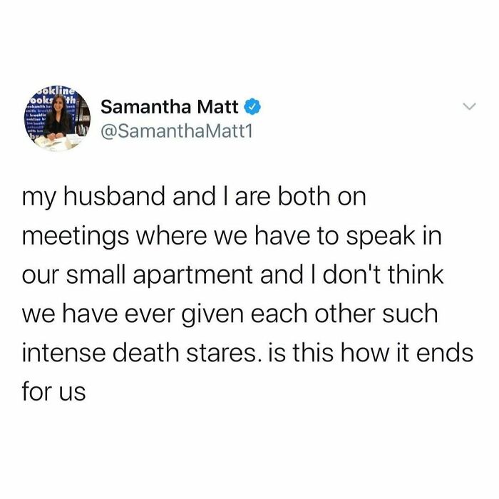 Funny tweet about millennials dealing with intense death stares during virtual meetings in a small apartment.