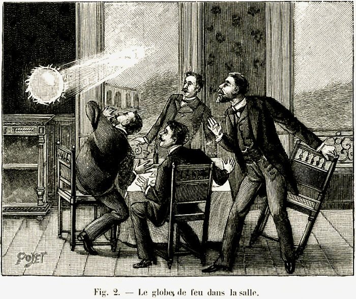 Victorian illustration of men startled by glowing orb, depicting weird unsolved mysteries in a historical setting.
