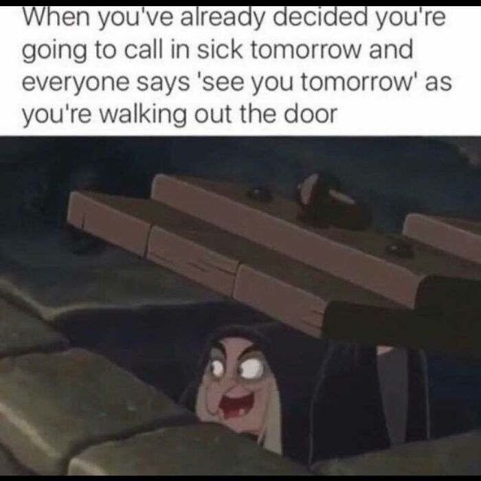 Cartoon character humorously sneaking away, reflecting funny office meme about calling in sick.