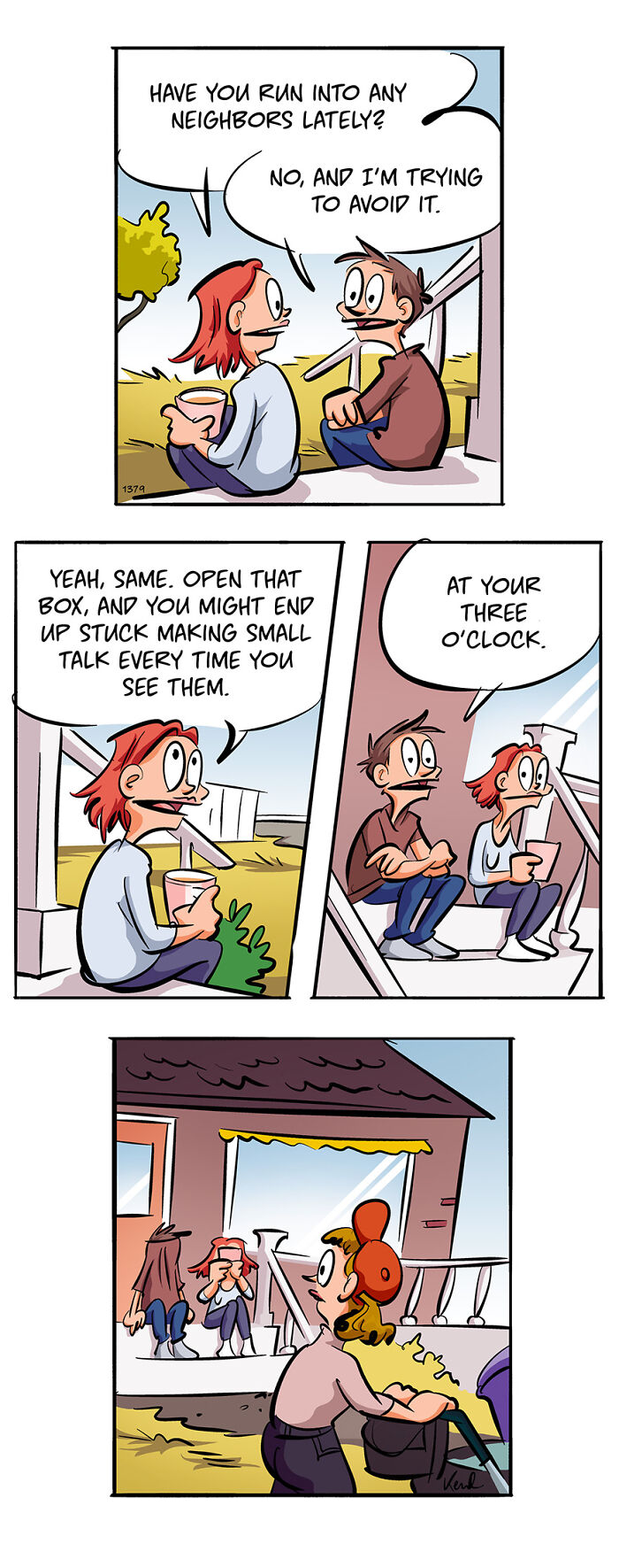 Comic of Kenneth and friend sitting on stairs, discussing avoiding neighbors, with a woman approaching in the last panel.