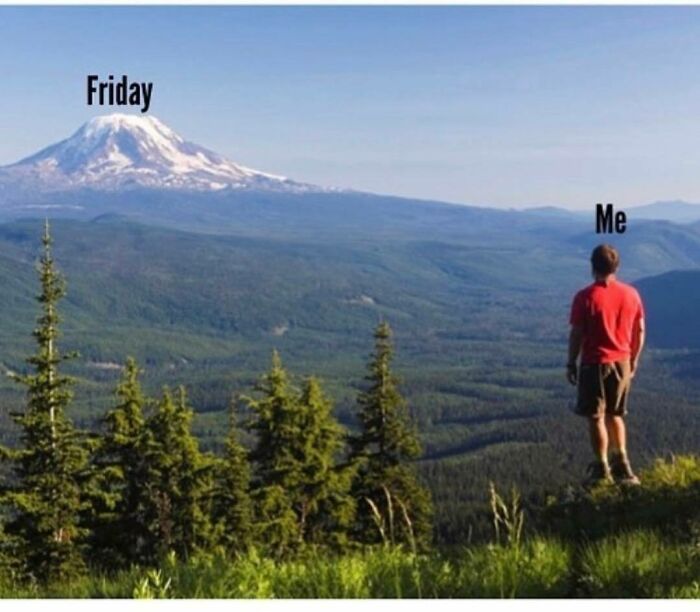 Man humorously standing afar from mountain labeled "Friday," illustrating office work week struggles.