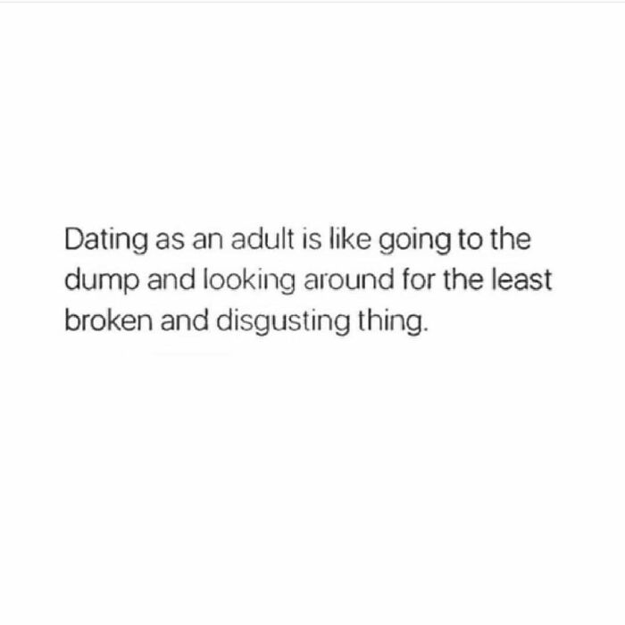 Text meme humorously comparing adult dating to finding the least broken item at a dump.