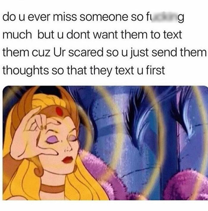 Cartoon character using telepathy to make someone text back, humorously depicting modern dating.