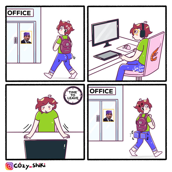 Comic of a person in an office setting experiencing relatable everyday moments.