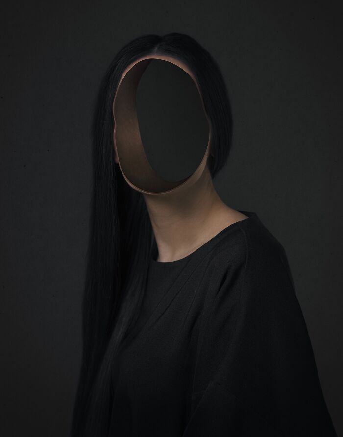 Surreal portrait of a person with a hollow face, representing a winner at Budapest International Foto Awards 2024.