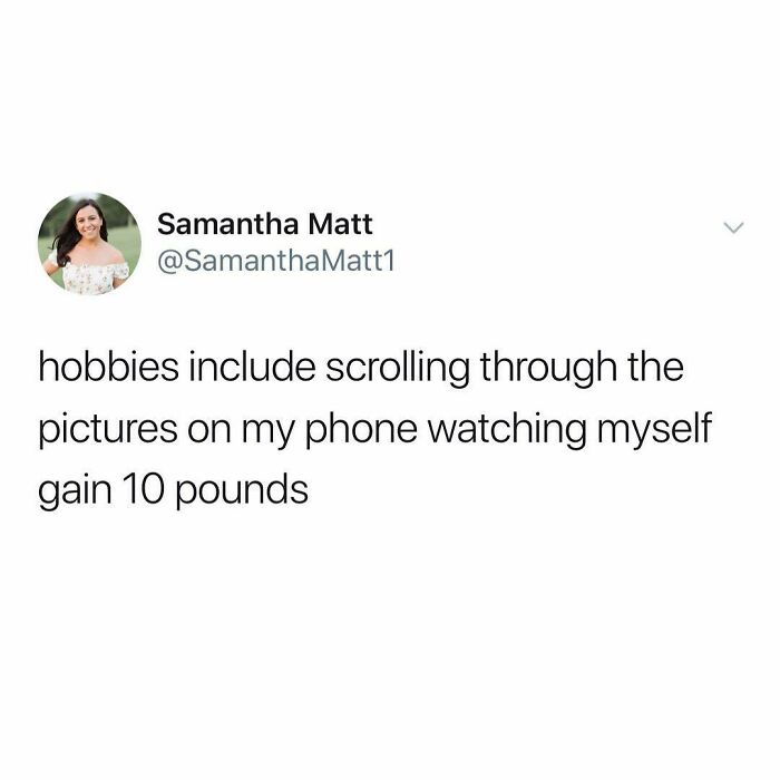 Tweet humorously depicting a millennial's self-deprecating joke about gaining weight.