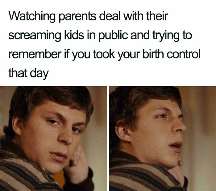 A humorous meme about women contemplating birth control while watching kids misbehave in public.