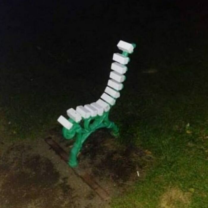 Unusual green bench with a bending, spine-like backrest in a dark outdoor setting, creating a confusing and funny visual.