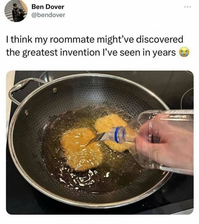 Person pouring liquid onto cooking food in skillet, creating a random funny meme moment.