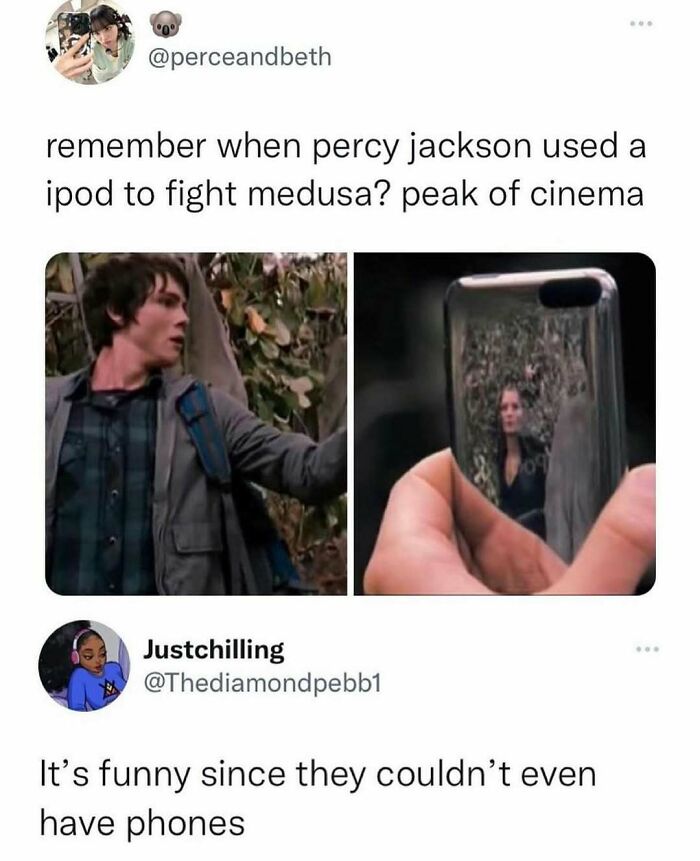 Percy Jackson meme with iPod fighting Medusa, a humorous take on peak cinema randomness.