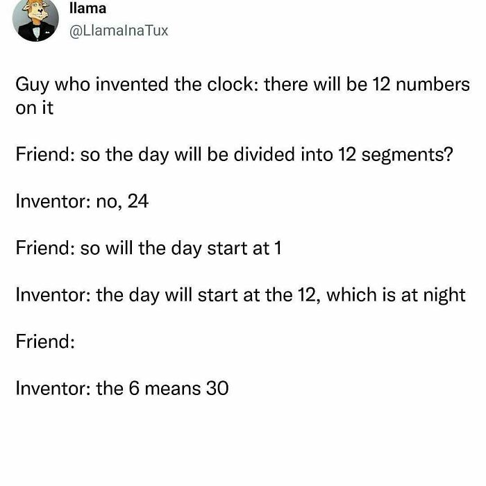 Nostalgic meme humorously questioning the logic of clock invention conversations.