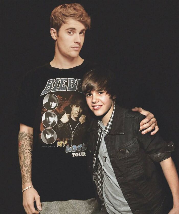 Celebrities photoshopped side-by-side with their younger selves, highlighting the passage of time in a creative way.