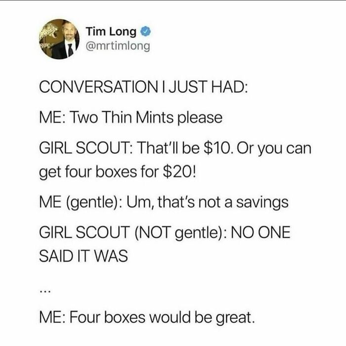 Funny food meme about buying cookies from a Girl Scout with a humorous twist on pricing logic.