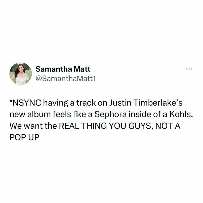 Millennials humor in tweet about NSYNC's track on Justin Timberlake's album compared to a pop-up shop.