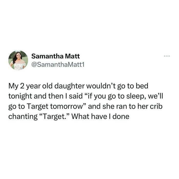 Funny tweet about a millennial parent negotiating bedtime with a Target promise for their toddler.