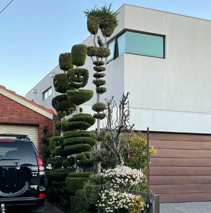 Unique garden with creatively shaped topiary featuring smiley face and various geometric forms in front of a modern house.
