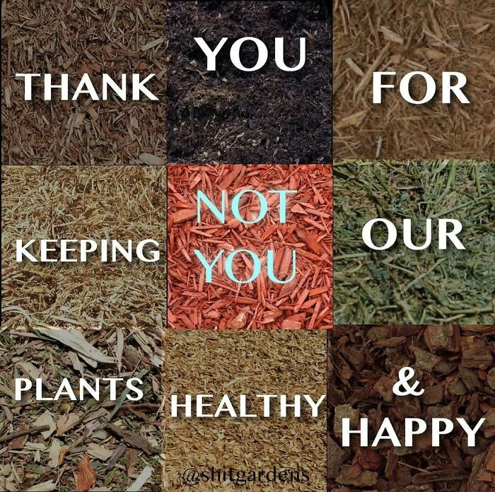 Unique gardens with different mulch textures and "Thank you for keeping our plants healthy & happy, not you" text.