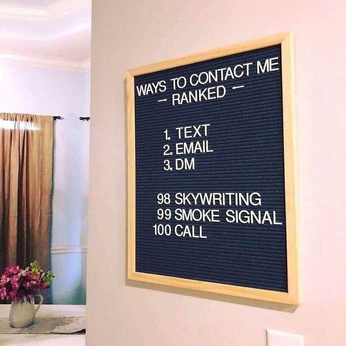 Office meme with a board ranking contact methods from text to skywriting and calling.