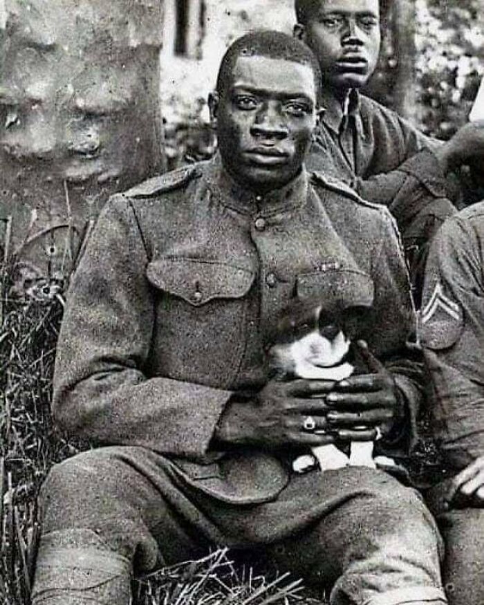 Soldier sitting on grass holding a small dog, showcasing historical moments with "History Cool Kids."