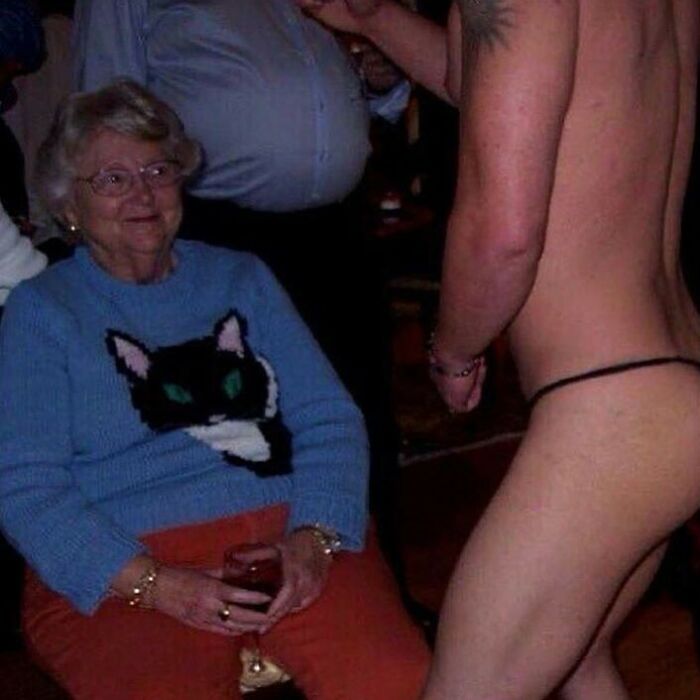 Elderly woman amused by strange scene, highlighting bizarre Instagram content.