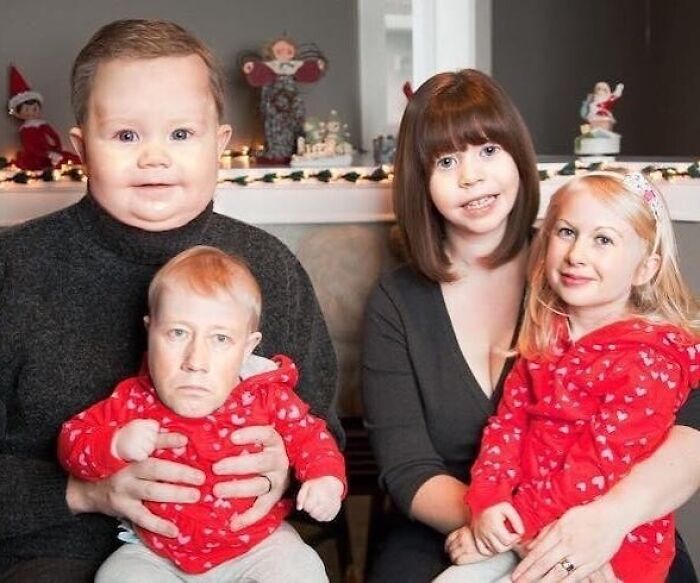 Bizarre photo of adults and children with swapped facial features from an eclectic Instagram page.