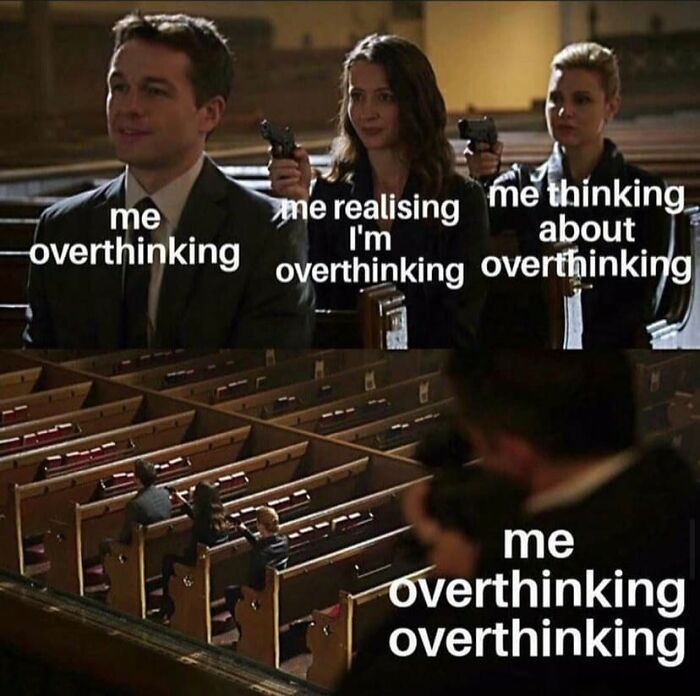 Introvert meme showing people in a church, labeled with different stages of overthinking.