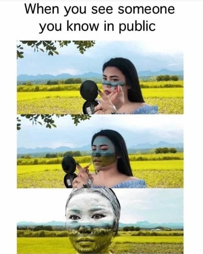 Woman applying camouflage makeup in a field, humorous take on introvert memes.