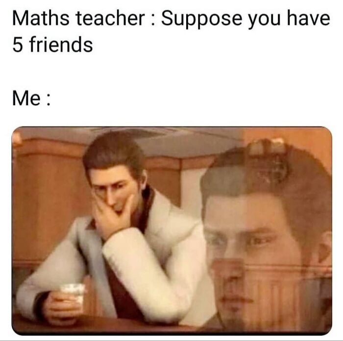 "Introvert meme with a perplexed character holding a cup, reflecting the challenge of having five friends."