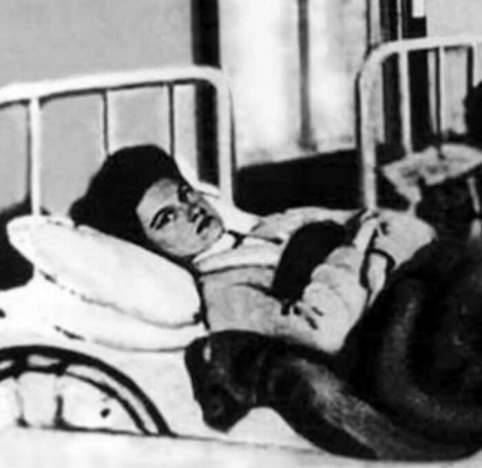 A person lying in a vintage hospital bed, looking directly at the camera, evoking a historical scene.
