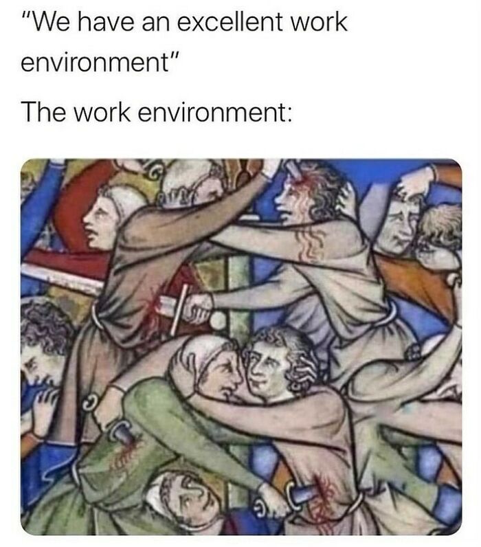Medieval art style illustrating chaotic office work environment with people fighting humorously.