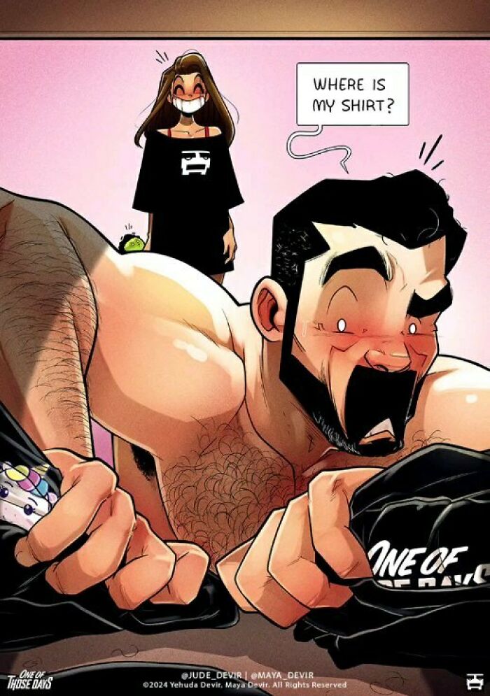 Comic of a man looking for his shirt, while a woman smirks, wearing it.