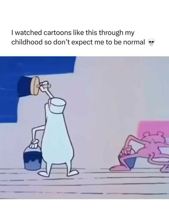 Nostalgic meme of a cartoon character painting a wall, referencing childhood memories.