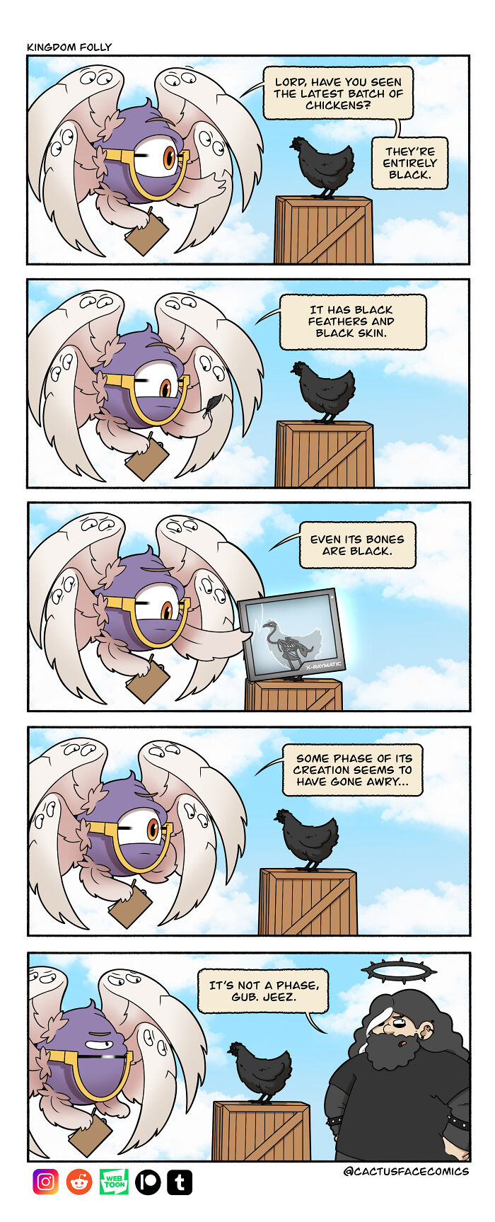 Humorous comic series with God, angel, and a black chicken in absurd situation with commentary.