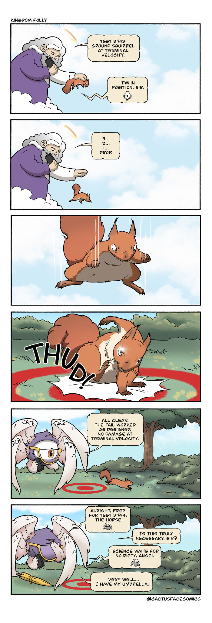 Humorous comic series featuring God testing a squirrel's terminal velocity and discussing the next test with an angel.
