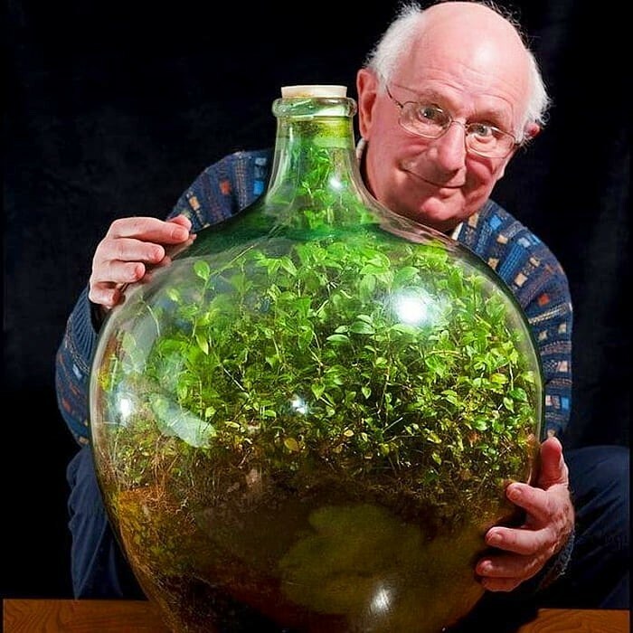 Man with a large glass terrarium filled with thriving green plants, smiling and showing the unique plant growth process.