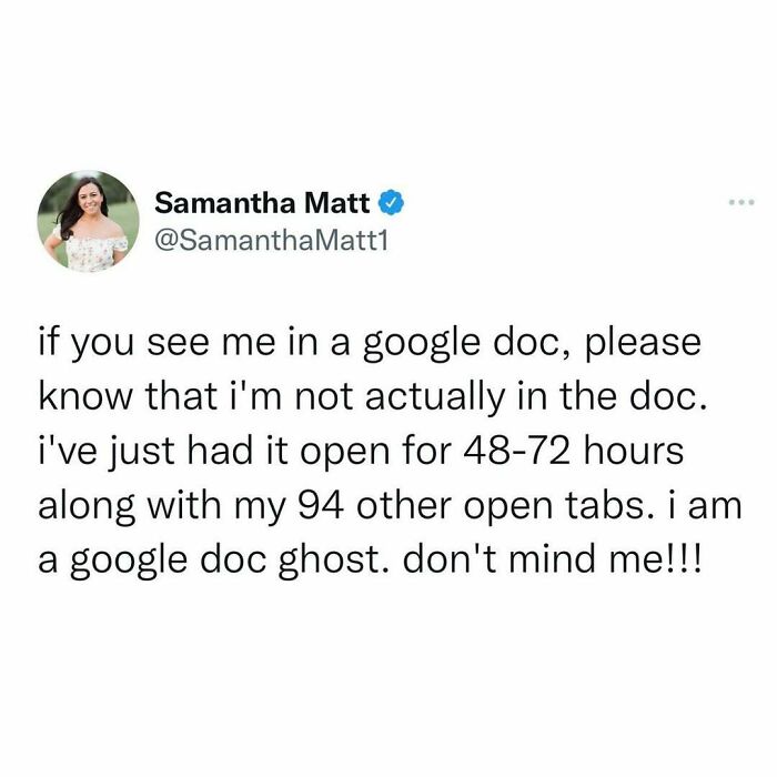 Tweet humor about millennials leaving Google Docs open for days, with 94 tabs.