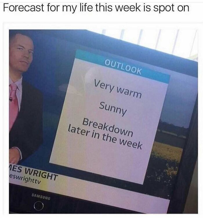 Weather forecast meme humorously depicting office life; sunny with a "breakdown later in the week".