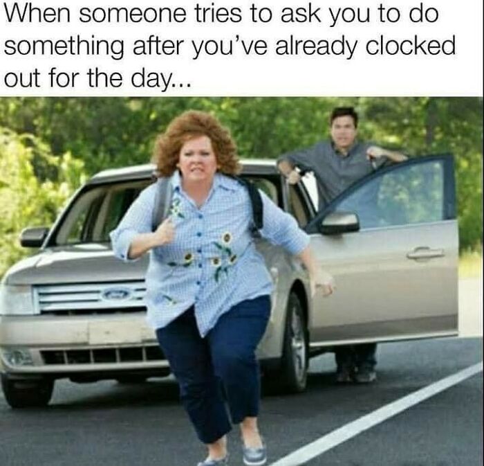 A woman runs from a car, humorously depicting the office experience of being asked to work after hours.