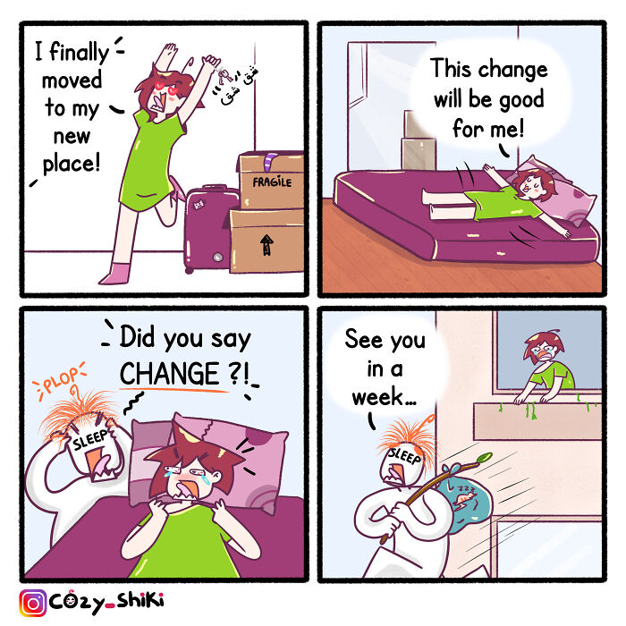 Relatable comic about moving, showing humorous struggles with change and adapting to a new place.